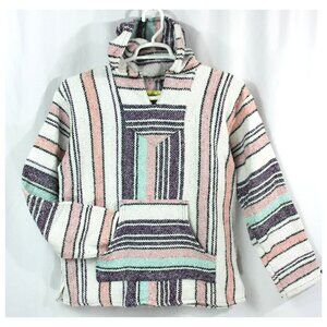 Iguana Jack Baja Hoodie Beach Surfer Mexican Striped Hooded Poncho Top M Unisex
